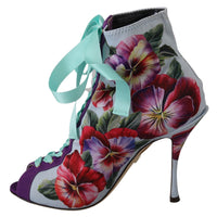 Purple Floral Jersey Stretch Open Boots Shoes