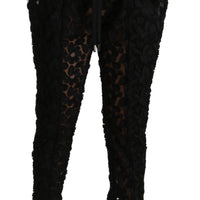 Black Floral Lace Tapered High Waist Pants