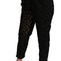 Black Floral Lace Tapered High Waist Pants