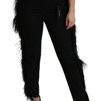 Black Feather Straight High Waist Wool Pants