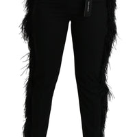 Black Feather Straight High Waist Wool Pants