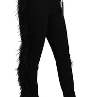 Black Feather Straight High Waist Wool Pants