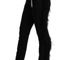 Black Feather Straight High Waist Wool Pants