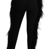 Black Feather Straight High Waist Wool Pants