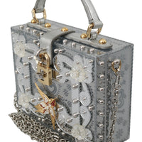 Silver Floral Padlock Sling Clutch Crystal BOX Bag