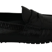 Black Lizard Leather Flat Loafers Shoes