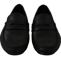 Black Lizard Leather Flat Loafers Shoes