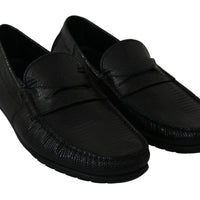 Black Lizard Leather Flat Loafers Shoes