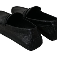 Black Lizard Leather Flat Loafers Shoes