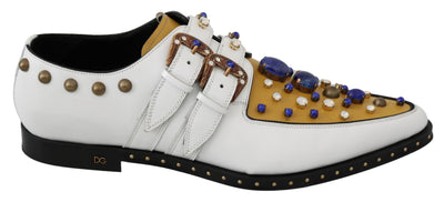 White Yellow Leather Crystals Buckle Monk Strap Shoes