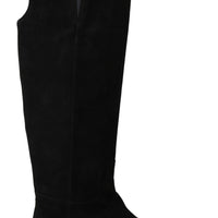 Black Suede Knee High Flat Boots  Shoes