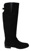 Black Suede Knee High Flat Boots  Shoes