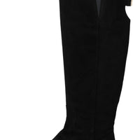 Black Suede Knee High Flat Boots  Shoes