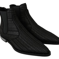 Black Jacquard Striped Boots Stretch Shoes