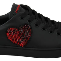 Black Leather Red Heart Sneakers Womens Shoes