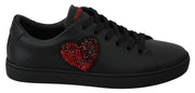 Black Leather Red Heart Sneakers Womens Shoes