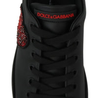 Black Leather Red Heart Sneakers Womens Shoes