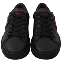 Black Leather Red Heart Sneakers Womens Shoes