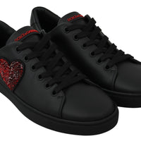 Black Leather Red Heart Sneakers Womens Shoes