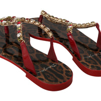 Red Leather Crystal Sandals Flip Flops Shoes