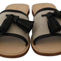 Beige Leather Linen Open Toe Slides Shoes