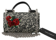 Black Lace Leather Crystal Roses Sicily Von Purse Bag