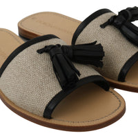 Beige Leather Linen Open Toe Slides Shoes