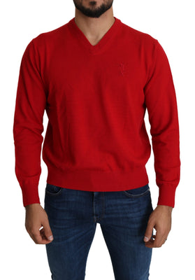 Red V-neck Wool Sweatshirt Pullover Sweater