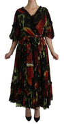 Black Floral Roses Pleated Maxi Silk