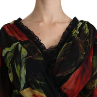 Black Floral Roses Pleated Maxi Silk