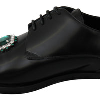 Black Leather Derby Green Crystals Formal Shoes