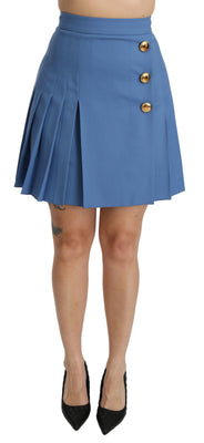 Blue Pleated High Waist Mini Wool Skirt