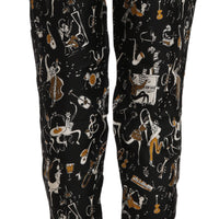 Black Jazz Club Print High Waist Tapered Pants