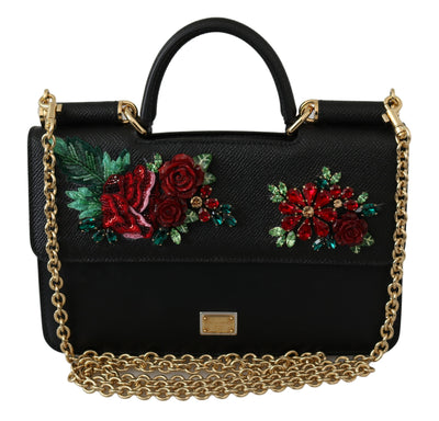 Black Floral Crystal Cross Body Sicily Leather Bag