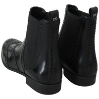 Black Leather Ankle High Flat Boots Shoes