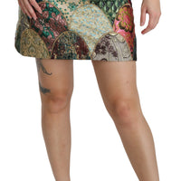 Green Pink Jacquard High Waist Mini  Skirt