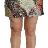 Green Pink Jacquard High Waist Mini  Skirt