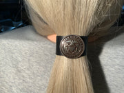 Navy Logo Concho on Black Leather Hair Tie