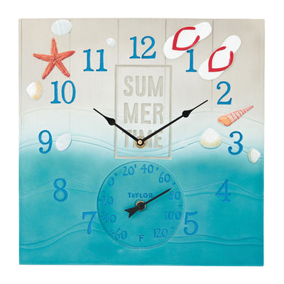 14-In. x 14-In. Summertime Poly Resin Clock and Thermometer