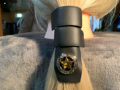 Gold Star Concho Black Leather Hair Wrap Tie