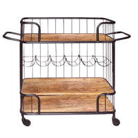 Metal Frame Bar Cart With Wooden Top And 2 Shelves, Black And Brown