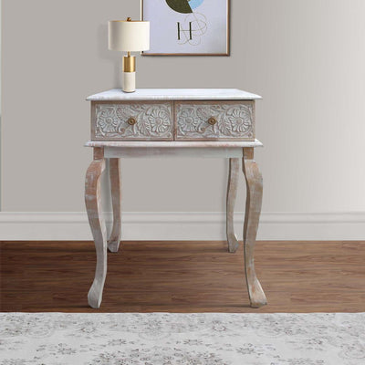 The Urban Port 2 Drawer Mango Wood Console Table with Floral Carved Front, Brown and White