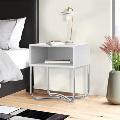 Nightstand or End Table with Open Compartment And Tubular Metal Base, White And Chrome - UPT-238272