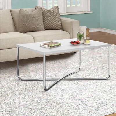 Coffee Table With Rectangular Top And X Base, White And Chrome - UPT-238273