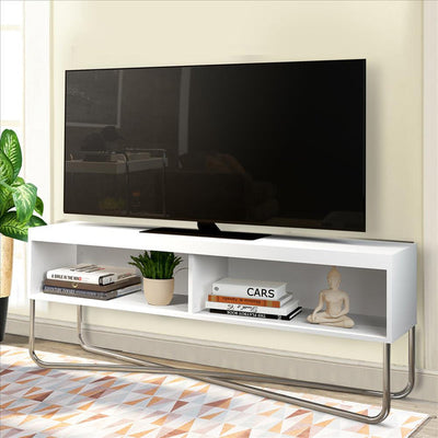 53 Inch TV Stand With 2 Open Compartments And Tubular Metal Frame, White And Chrome - UPT-238274