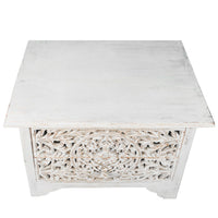 Olta 24 Inch Handcrafted Mango Wood Nightstand Side Table, 2 Drawers, Floral Carved Cut Out Design, Antique White