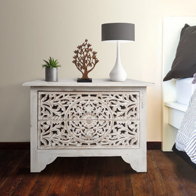 Olta 24 Inch Handcrafted Mango Wood Nightstand Side Table, 2 Drawers, Floral Carved Cut Out Design, Antique White