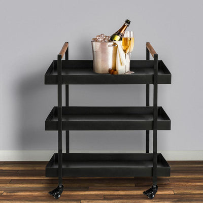 3 Tier Bar Cart With Tray Shelves, Metal Frame, And Raised Edges, Black