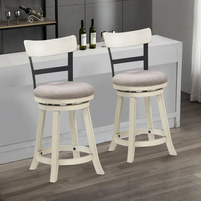 24 Inch Handcrafted 360 Degree Swivel Counter Stool, Curved Open Back, White Wood Frame