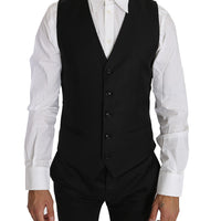 Black Solid Wool Silk Waistcoat Vest